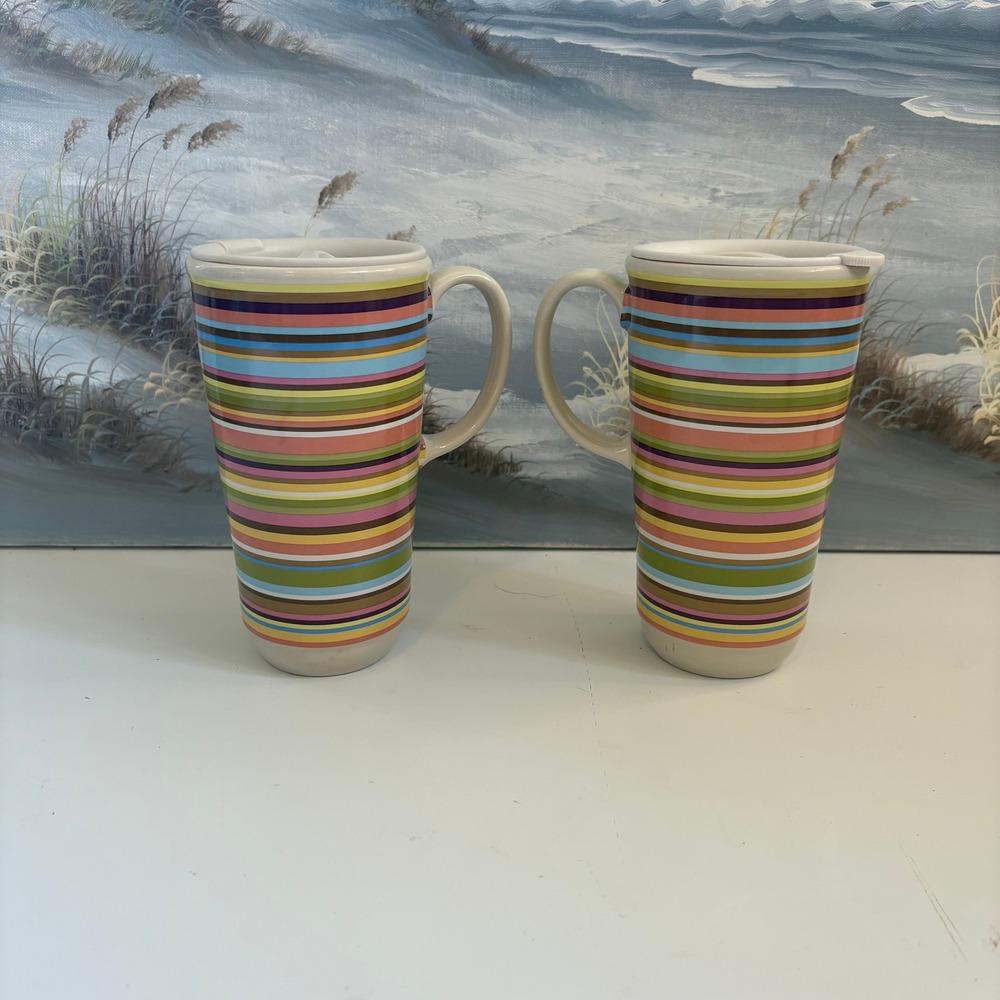 Longaberger Pottery Multi Color Stripe Travel Mugs with Lids Set of 2 Vitrified